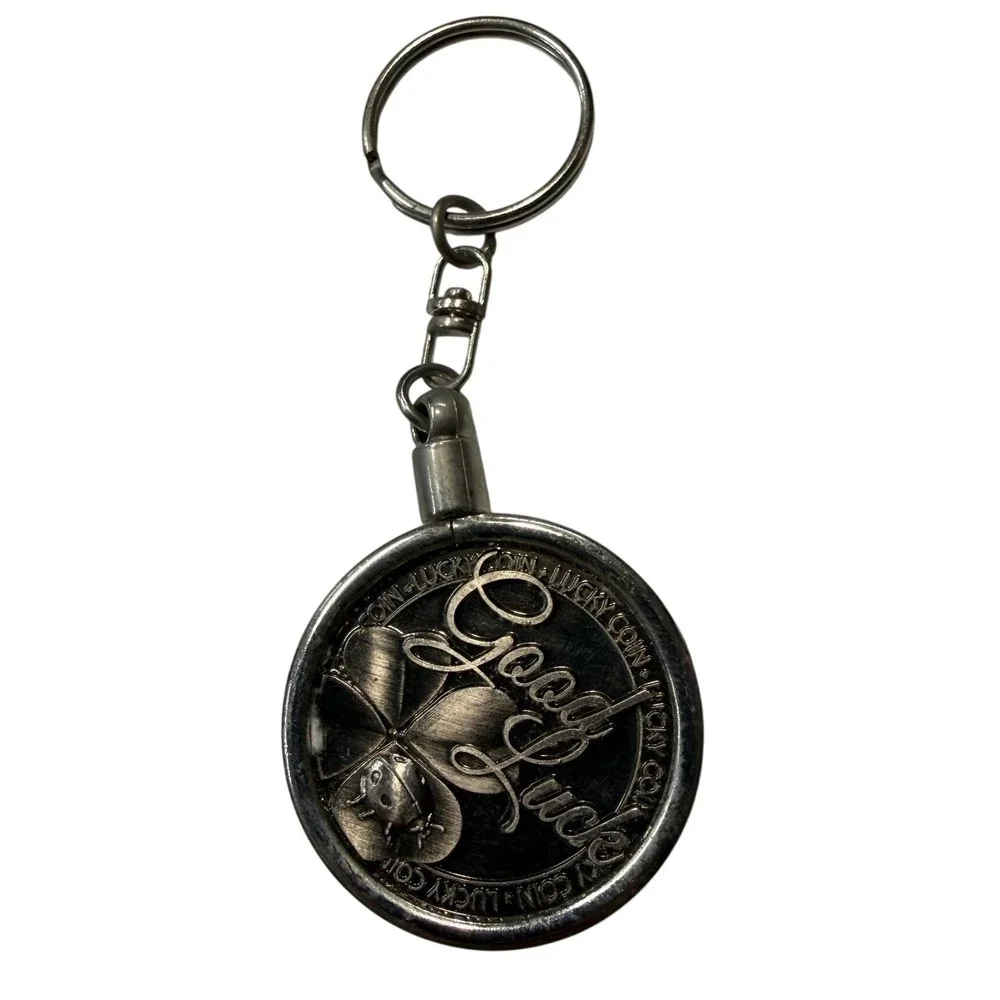 Vintage Good Luck Coin Keychain Four Leaf Clover Ladybug Silver Tone Charm